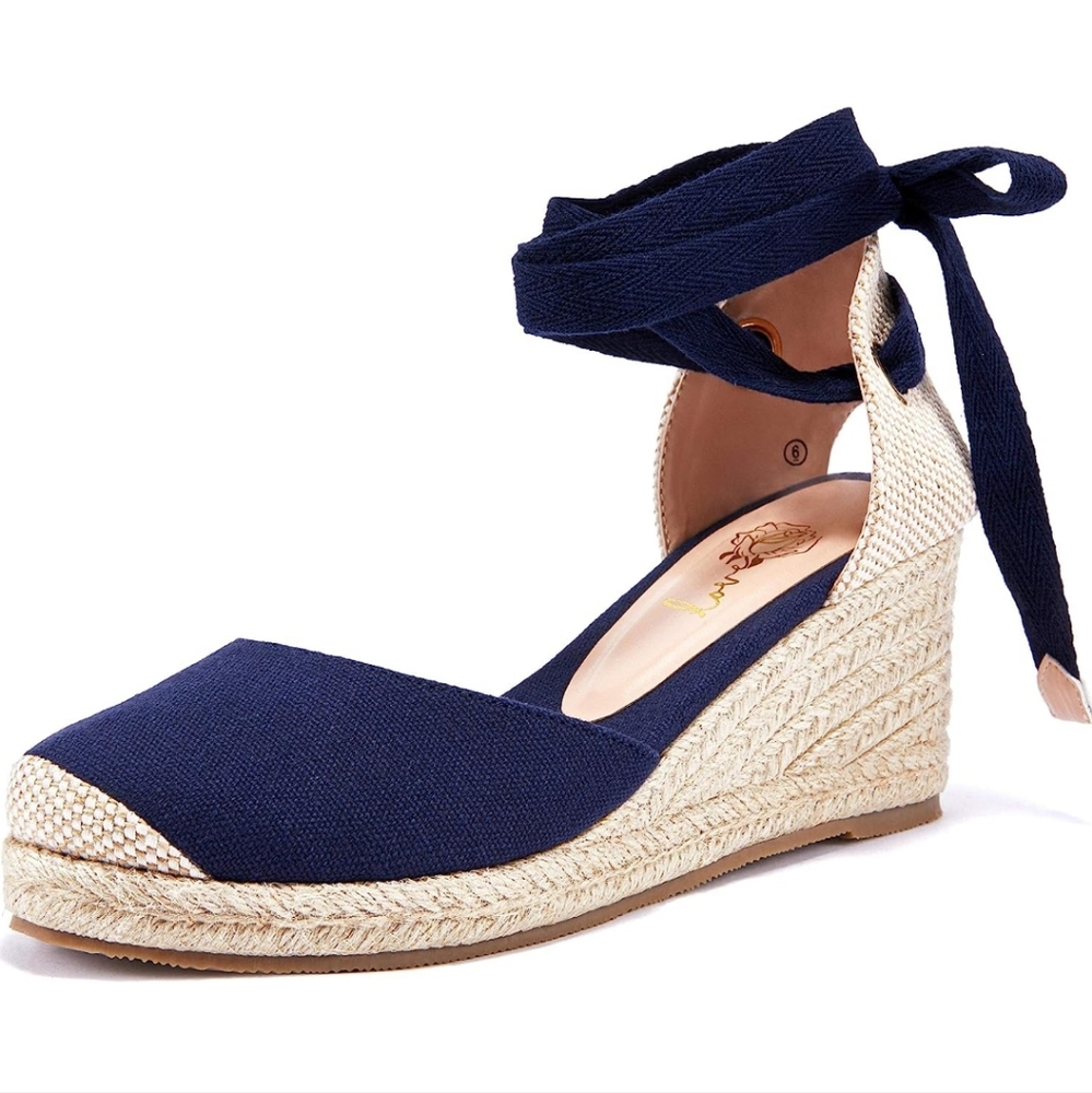 Navy Platform Closed Toe Espadrille Sandals Lace Up - Picture 2 of 6